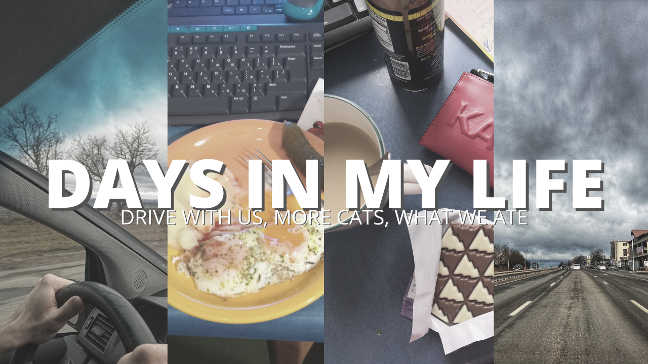 a thumbnail for the latest vlog. text reads 'days in my life' across 4 columns featuring different aspects seen in vlog - driving, food, coffee.